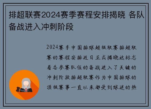 排超联赛2024赛季赛程安排揭晓 各队备战进入冲刺阶段