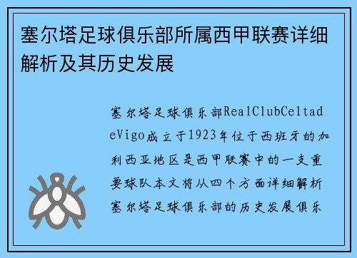塞尔塔足球俱乐部所属西甲联赛详细解析及其历史发展